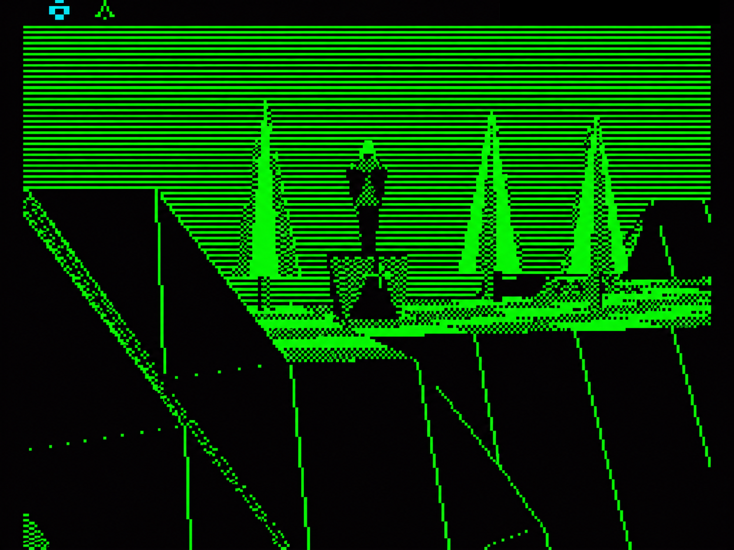 Paisaje del Sentinel original para Spectrum: árboles y un centinela sobre terreno tridimensional verde y negro